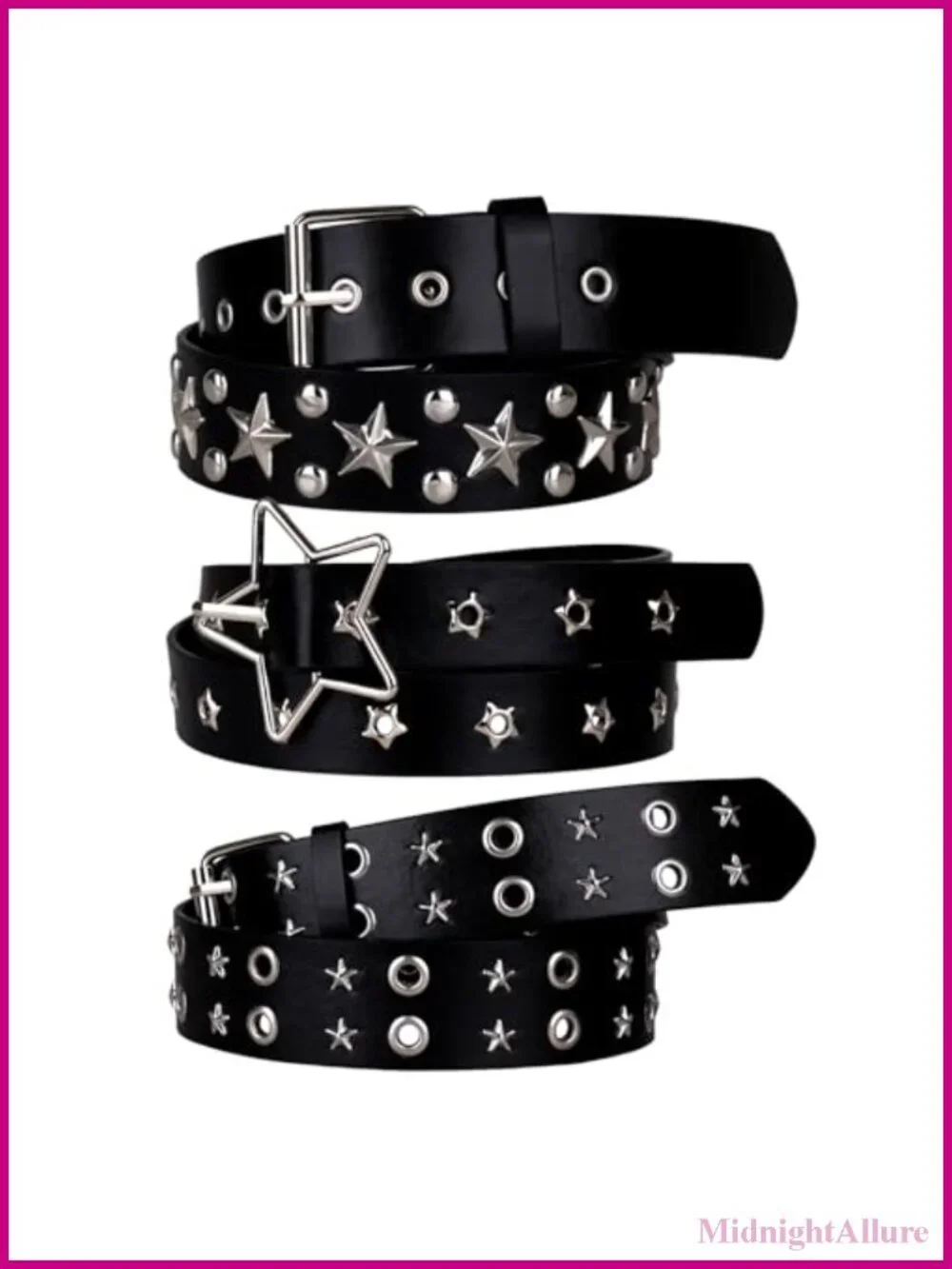 3 Pc Studded Belt Set Y2K Star Waist Punk Goth Metal Buckle Adjustable